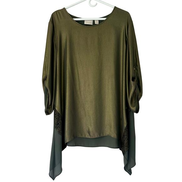 Chico’s asymmetric metallic olive green tunic holiday party Whimsigoth fairy XL - Picture 1 of 13
